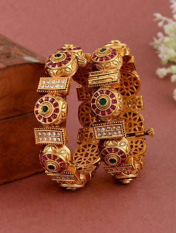 Pink Green Gold Tone Temple Bangles