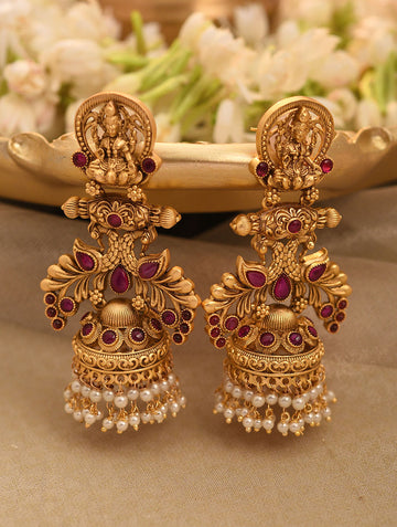 Red Gold Tone Temple Jhumki Earrings with Pearls