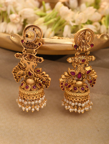 Red Gold Tone Temple Jhumki Earrings with Pearls