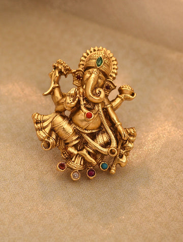 Navratna Gold Tone Temple ganesha design  Adjustable Ring