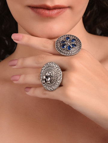 Blue Silver Tone Tribal combo Ring
