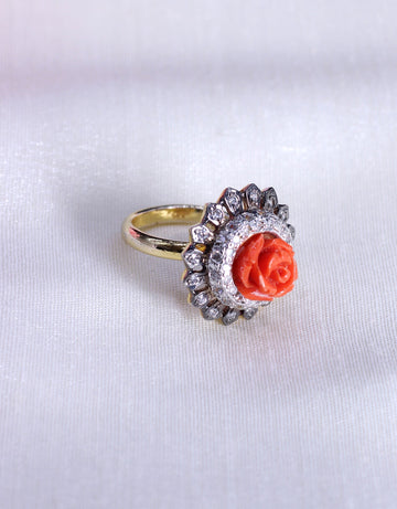 AD Stone and Red Rose Flower Studded Gold Plated Finger Ring