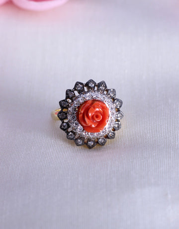 AD Stone and Red Rose Flower Studded Gold Plated Finger Ring